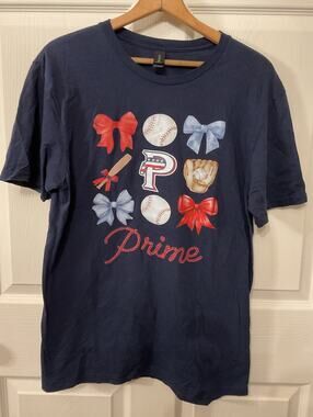 USA Prime Baseball Mom Bows Graphic TShirt Women's Navy Gildan Travel Ball, sz M